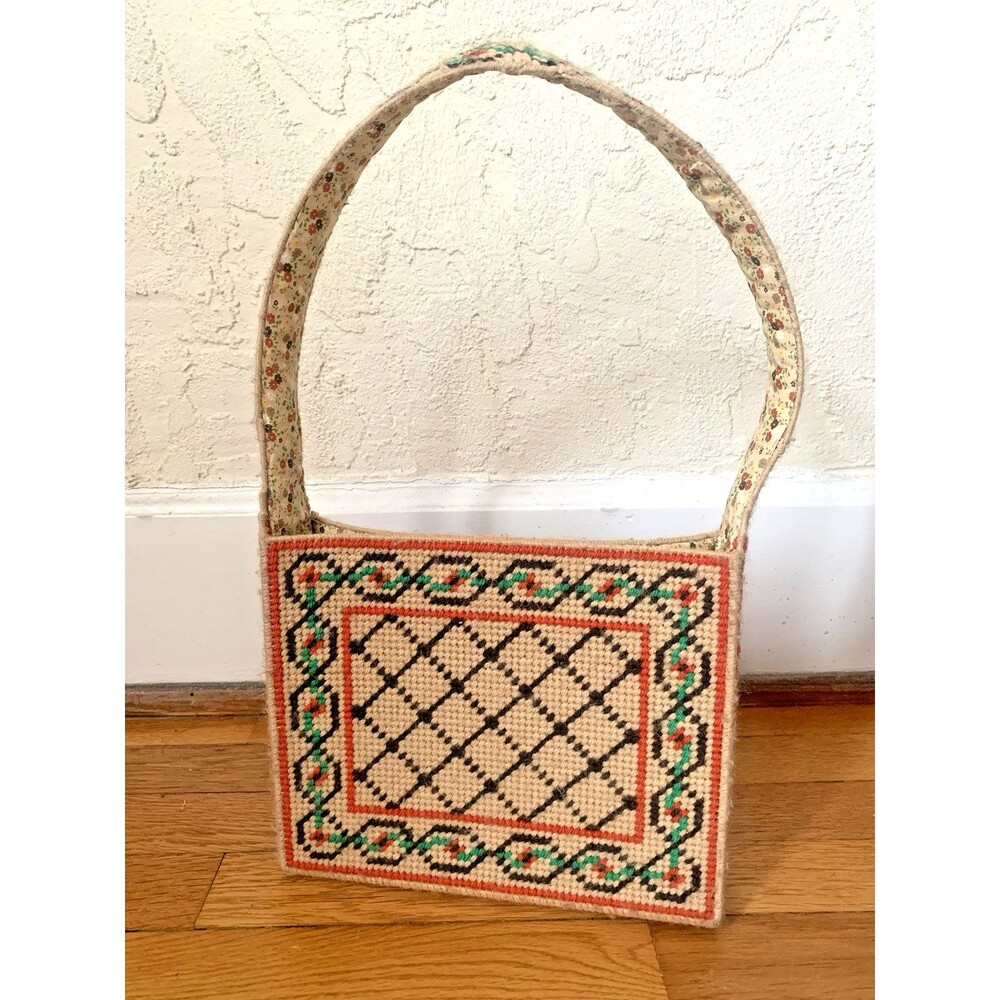 VTG Needlepoint Shoulder Bag, Handmade Canvas Yarn Hippie 10X8” Geometric Purse